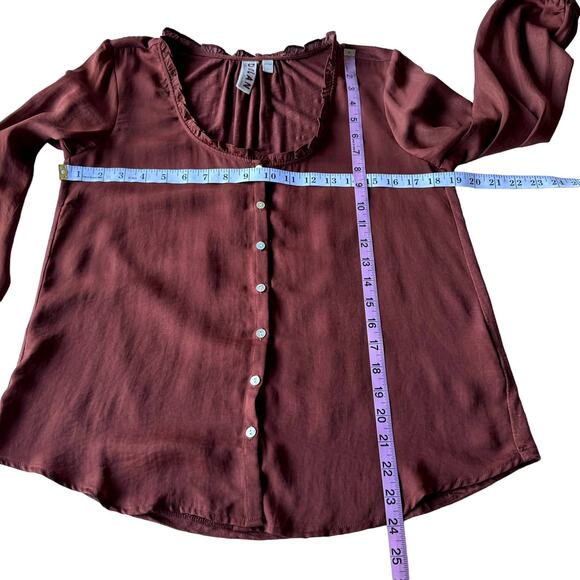 Dolan Womens Blouse Small Ruffled Neck Button Down Long Sleeve Top Brown Casual - Picture 10 of 10